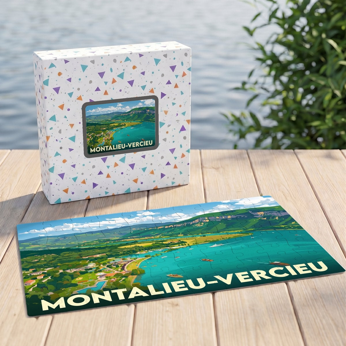 Puzzle souvenir de la ville de Montalieu-Vercieu avec une illustration panoramique stylisée.