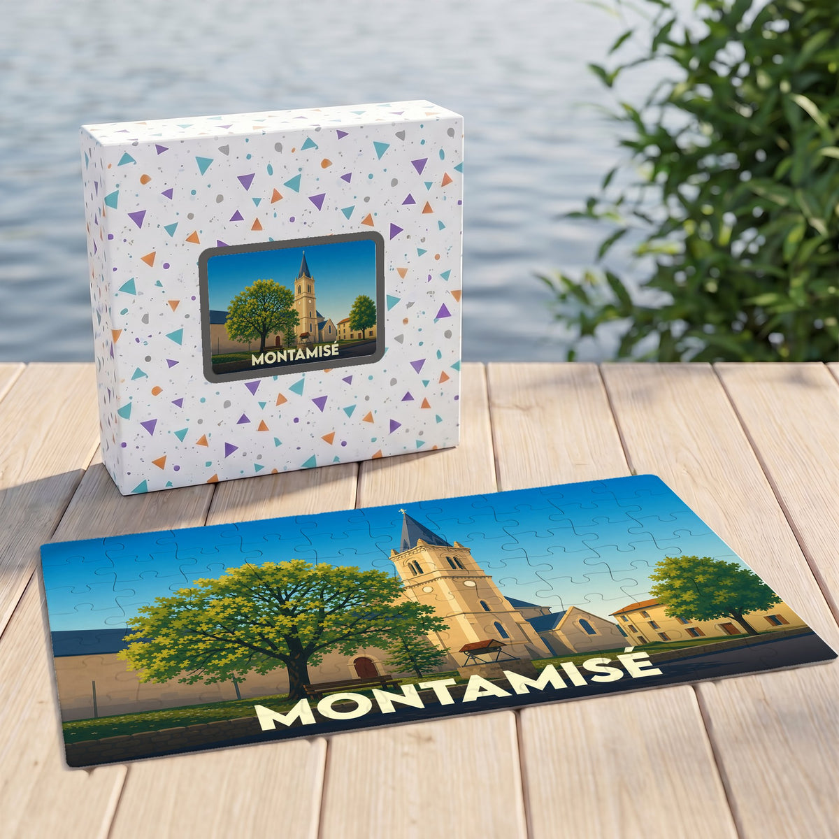 Puzzle souvenir de la ville de Montamisé avec une illustration stylisée d'une église.