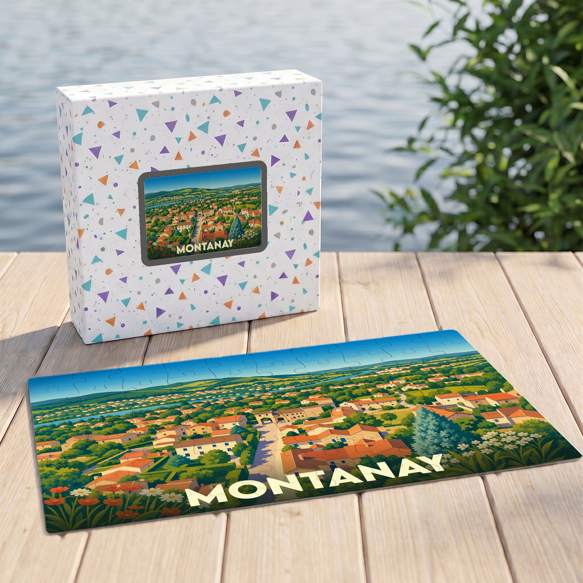 Puzzle souvenir de la ville de Montanay avec une illustration stylisée d'un paysage urbain verdoyant.