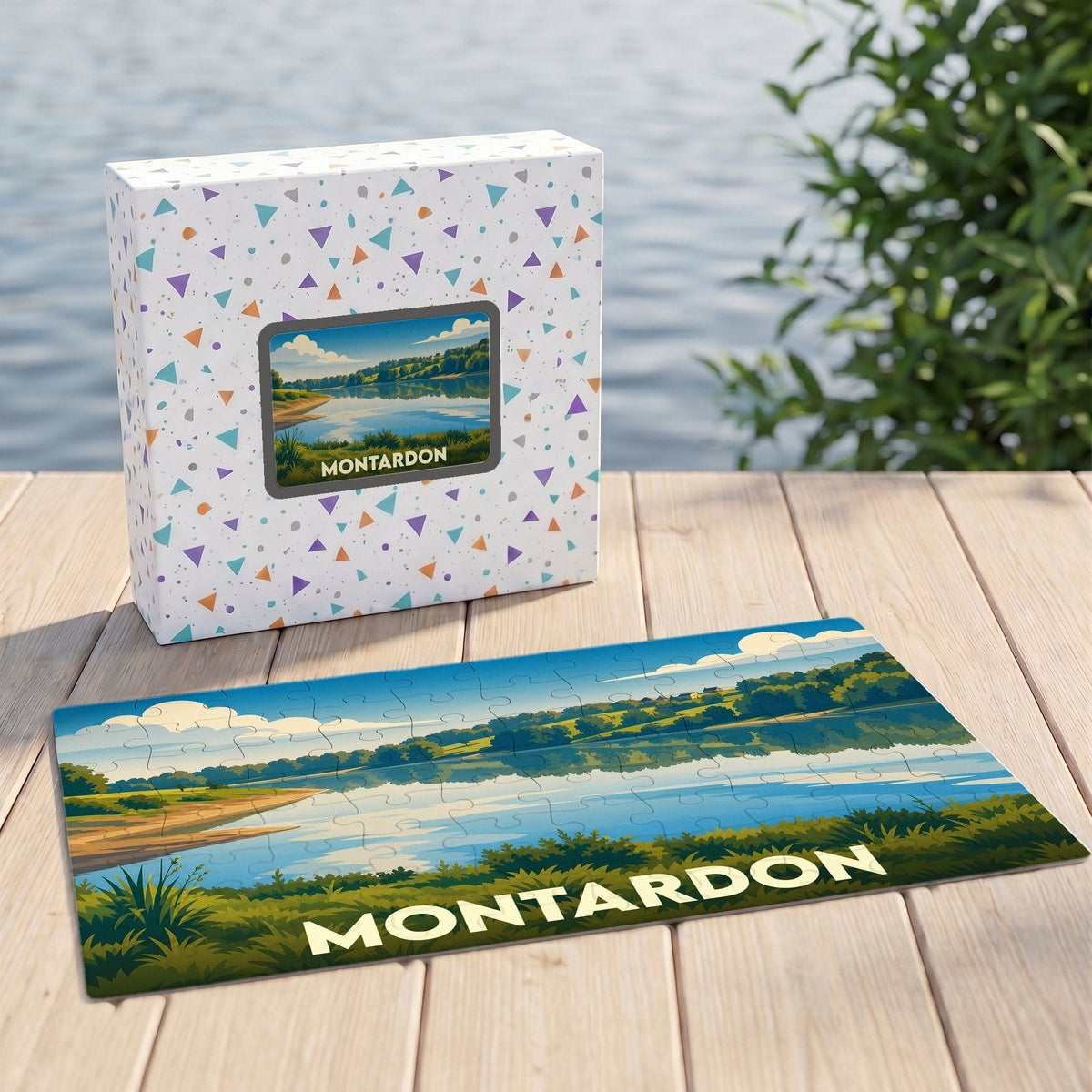 Puzzle souvenir de la ville de Montardon avec une illustration stylisée d'un paysage de lac.
