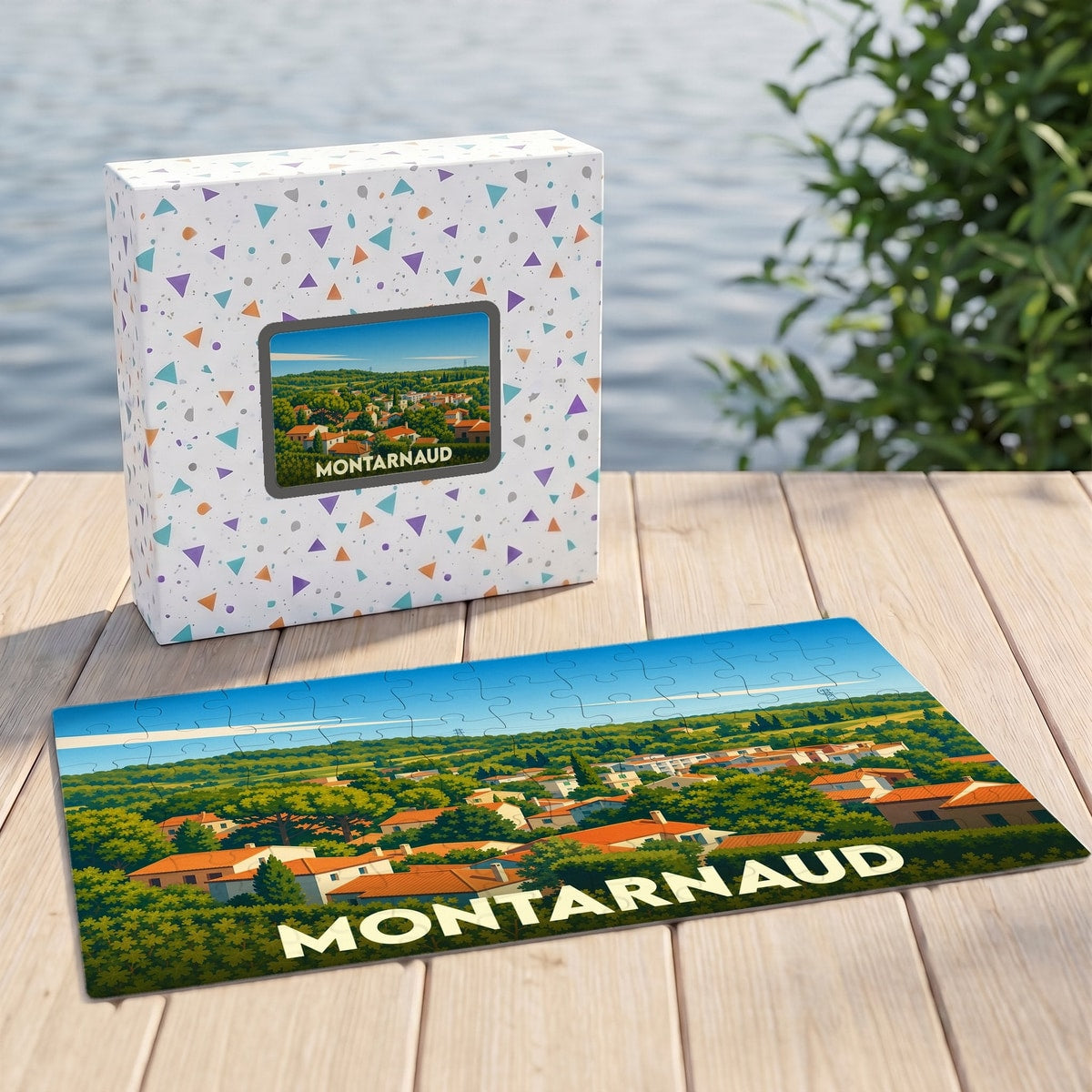 Puzzle souvenir de la ville de Montarnaud avec une illustration paysagère stylisée.