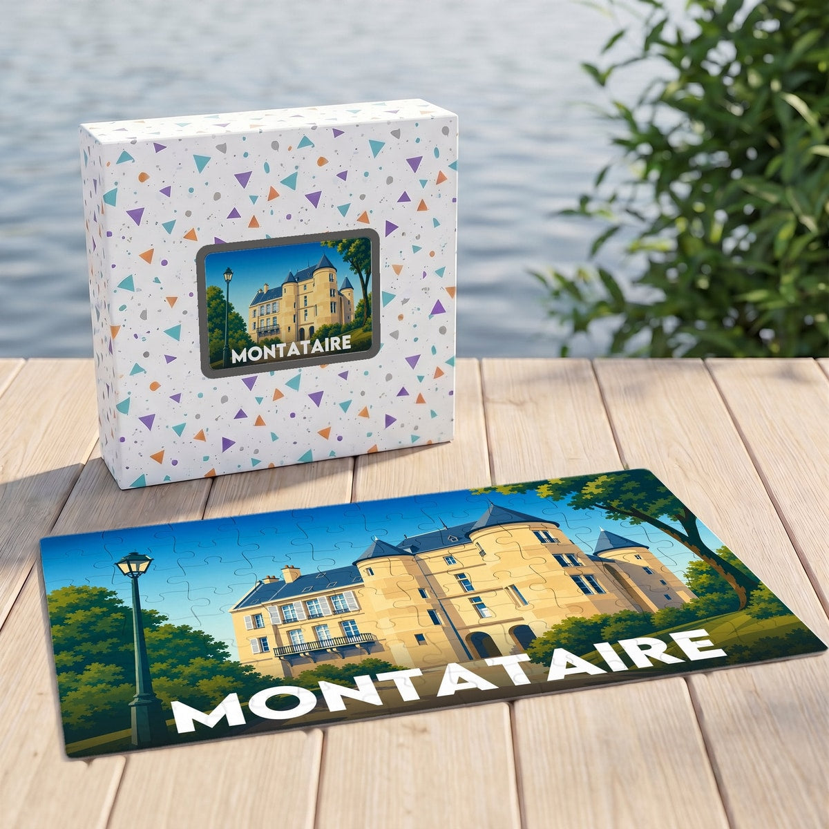 Puzzle souvenir de la ville de Montataire illustrant son château dans un style graphique épuré.