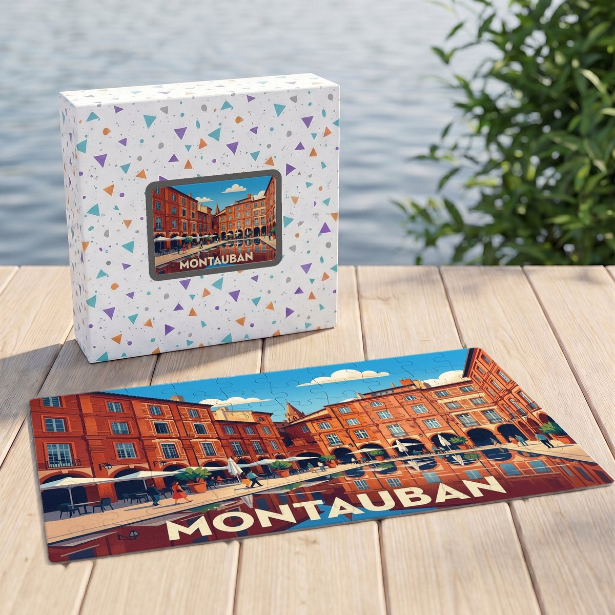 Puzzle souvenir de la ville de Montauban présentant une illustration stylisée de sa place centrale sur sa boîte et en version assemblée.