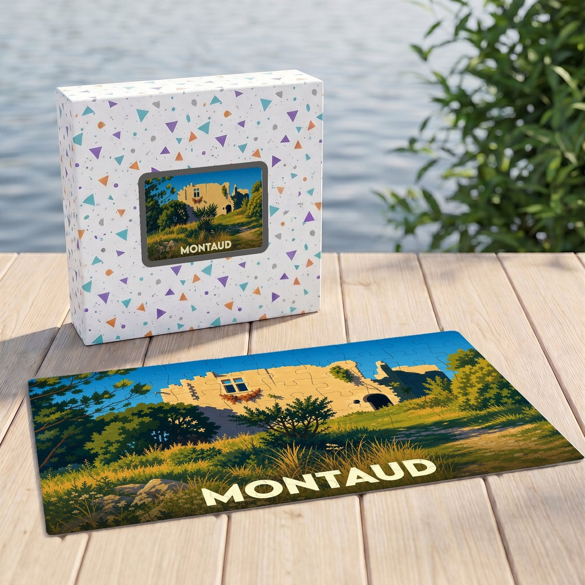 Puzzle souvenir de la ville de Montaud présentant une illustration stylisée d'un château ensoleillé.