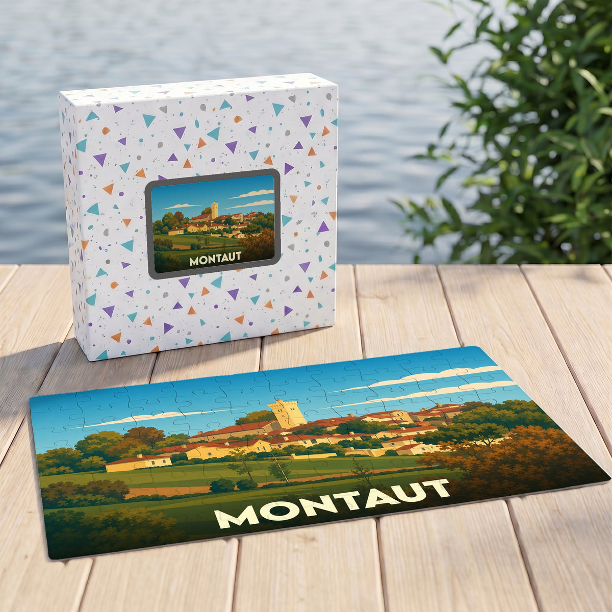 Puzzle souvenir de la ville de Montaut avec une illustration stylisée d'un paysage rural.