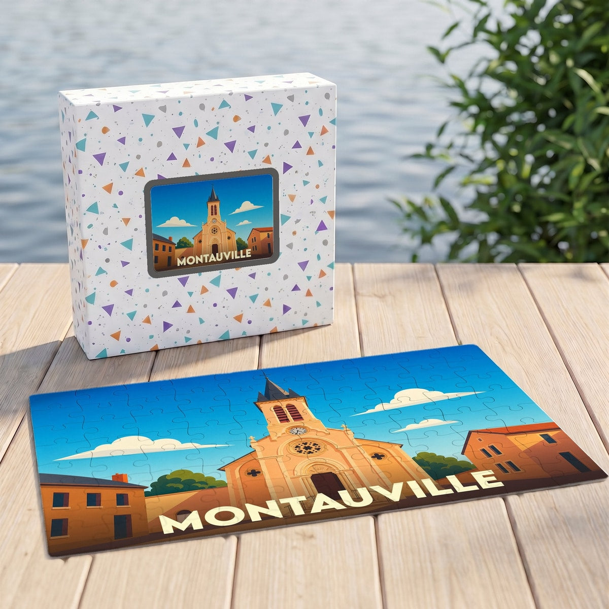 Puzzle souvenir de la ville de Montauville avec une illustration stylisée de son église.