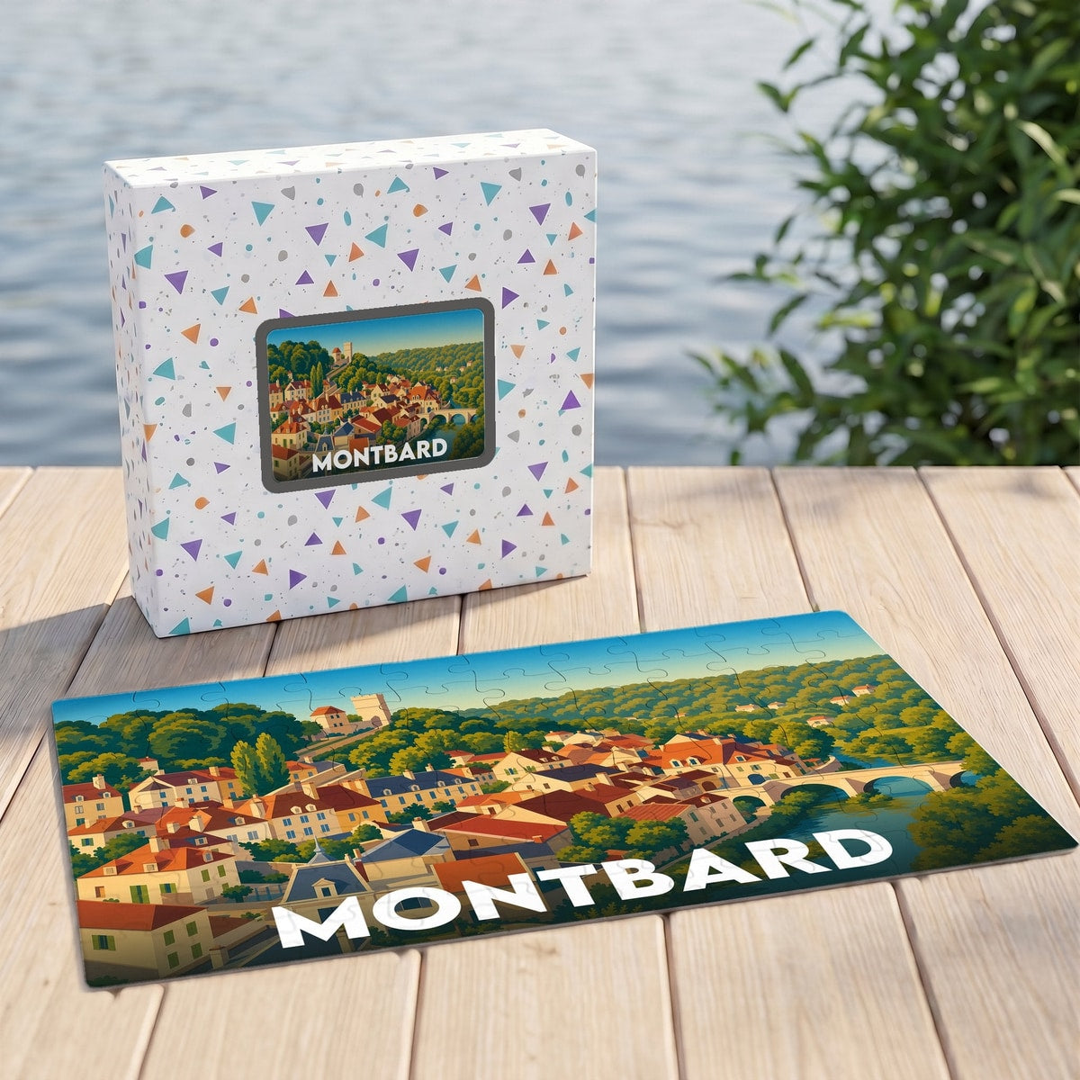 Puzzle souvenir de la ville de Montbard avec une illustration stylisée.