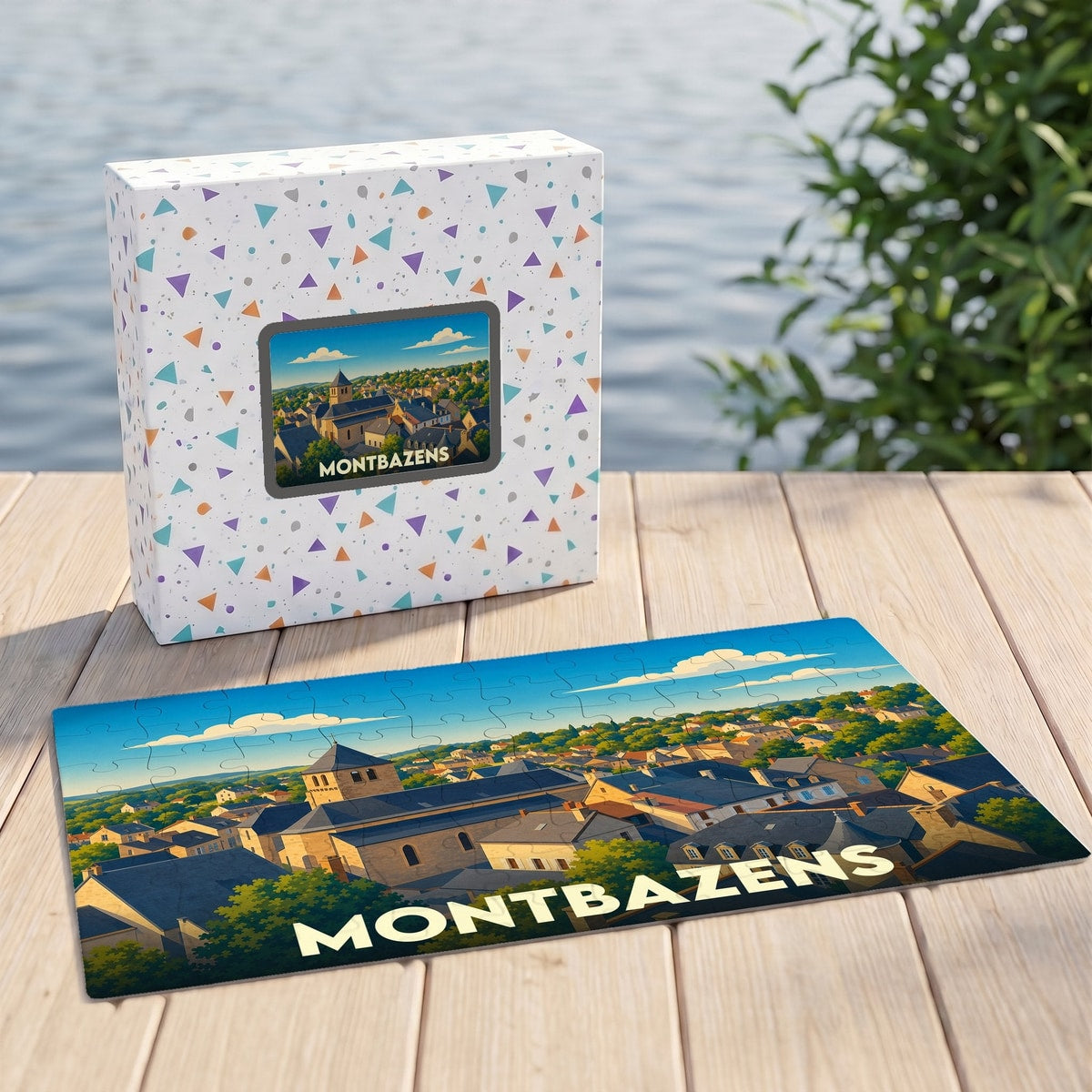 Puzzle souvenir de la ville de Montbazens avec une illustration stylisée d'un paysage urbain.