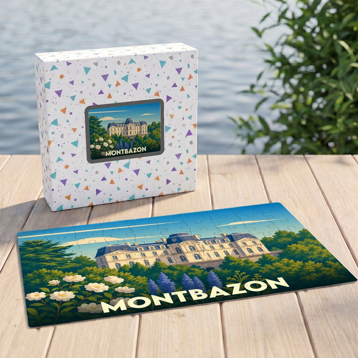 Puzzle souvenir de la ville de Montbazon avec une illustration stylisée d'un château.