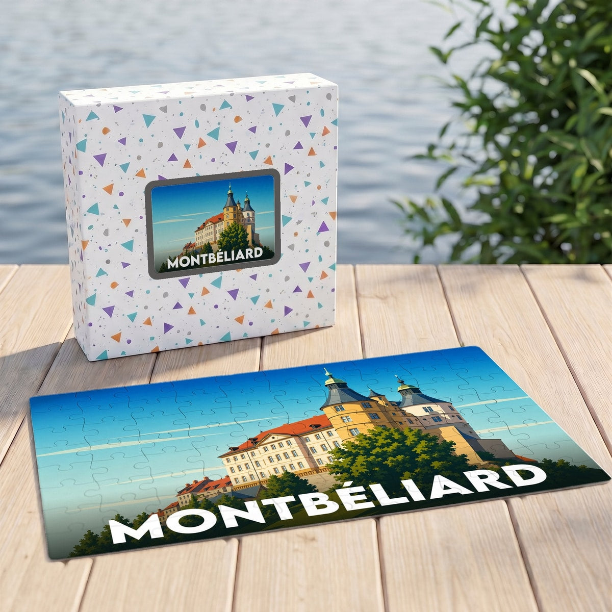 Puzzle souvenir de la ville de Montbéliard avec une illustration stylisée de son château.