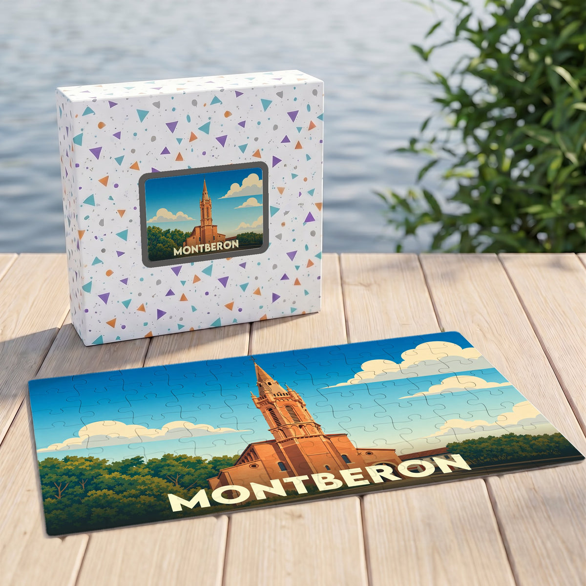 Puzzle souvenir de la ville de Montberon avec une illustration stylisée de son église.