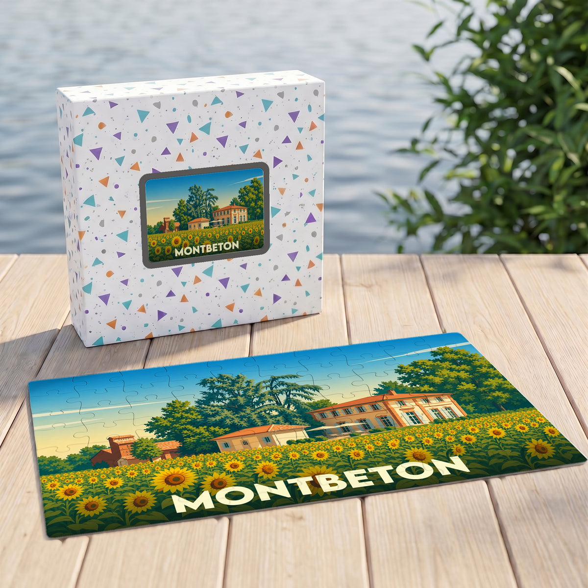 Puzzle souvenir de la ville de Montbeton illustrant un paysage ensoleillé de tournesols.