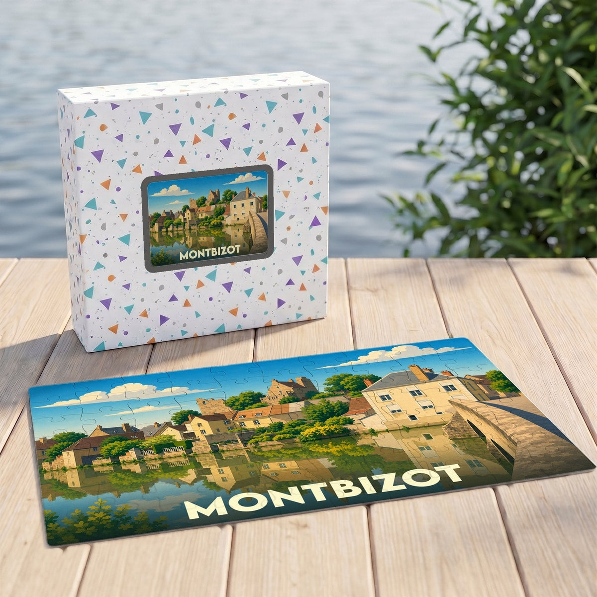 Puzzle souvenir de la ville de Montbizot avec une illustration stylisée d'un paysage fluvial.