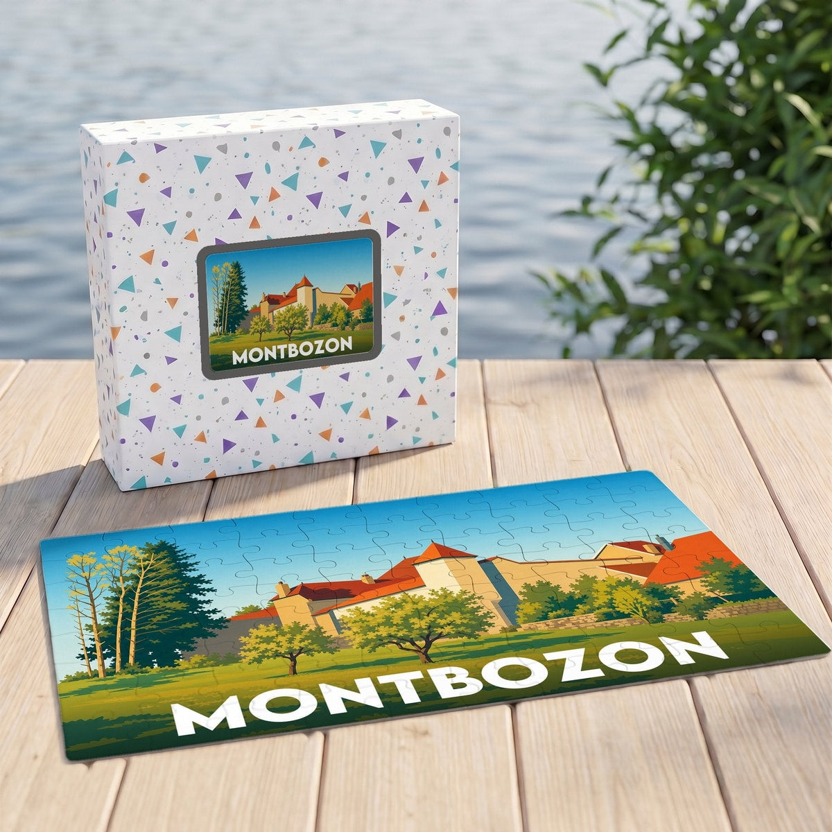 Puzzle souvenir de la ville de Montbozon avec une illustration stylisée et colorée.
