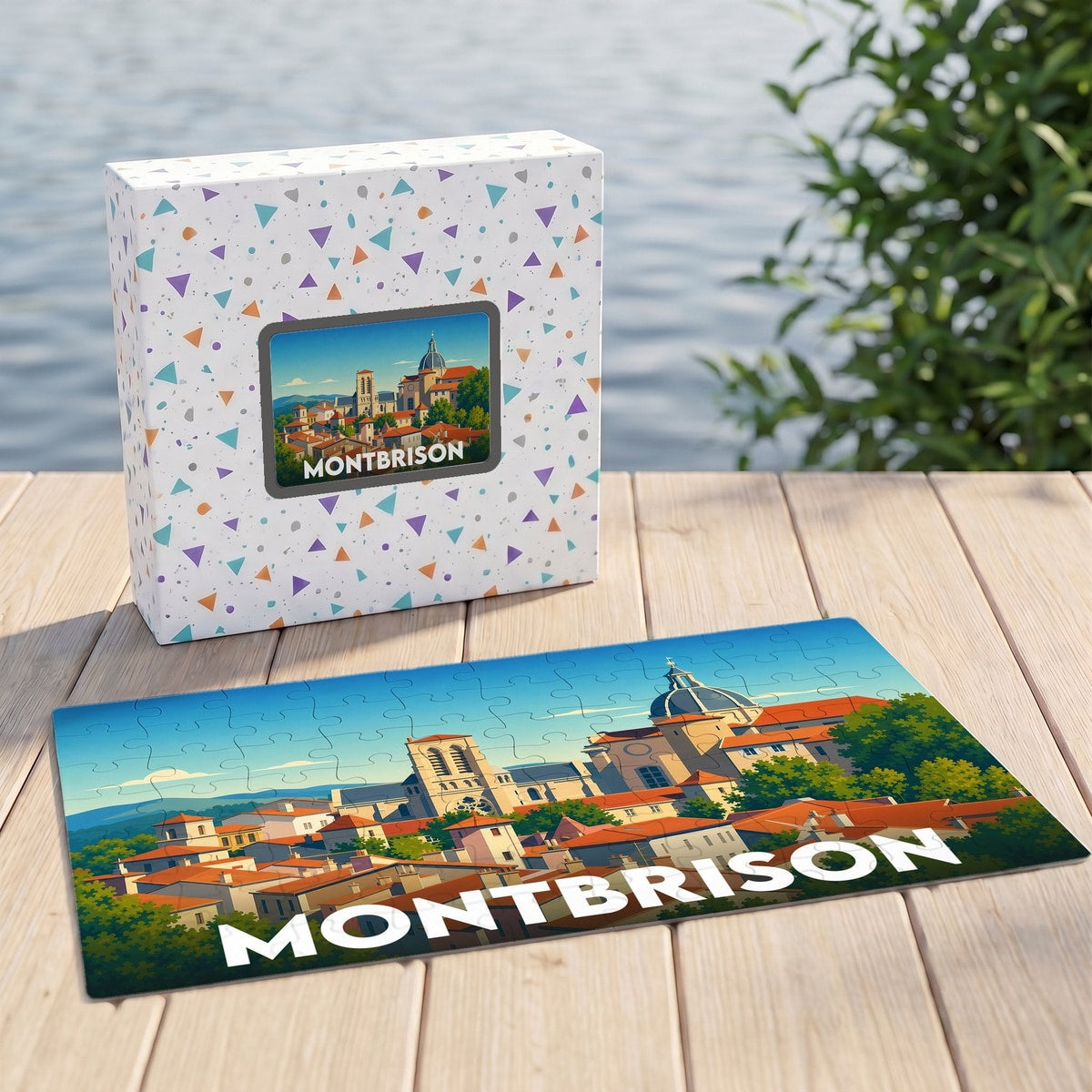 Puzzle souvenir de la ville de Montbrison présentant une illustration colorée de son architecture historique.