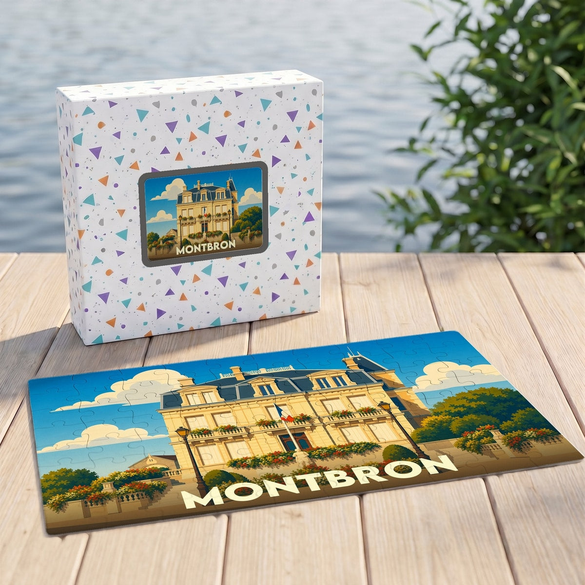 Puzzle souvenir de la ville de Montbron avec une illustration stylisée d'un bâtiment historique.