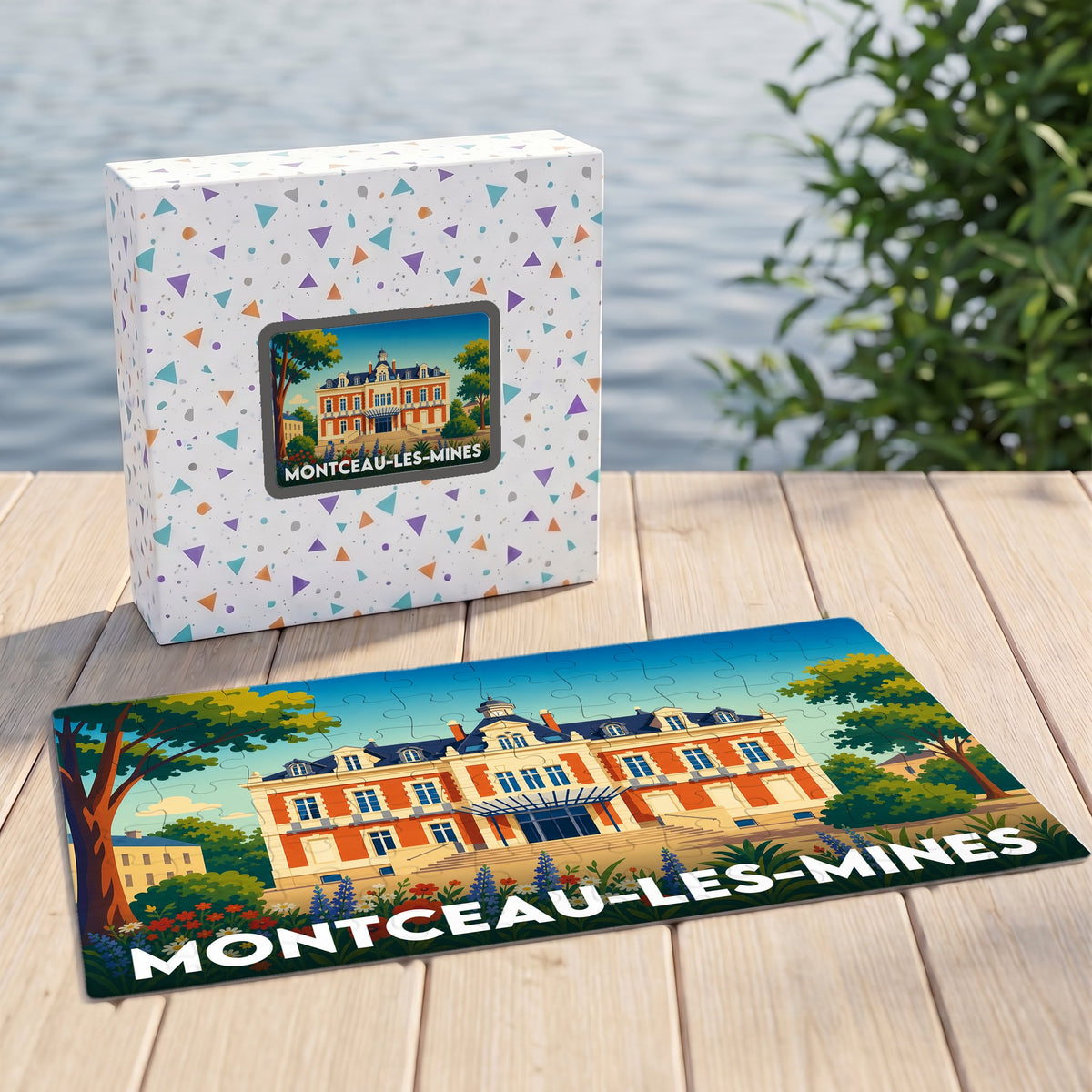 Puzzle souvenir de la ville de Montceau-les-Mines avec une illustration stylisée de son hôtel de ville.