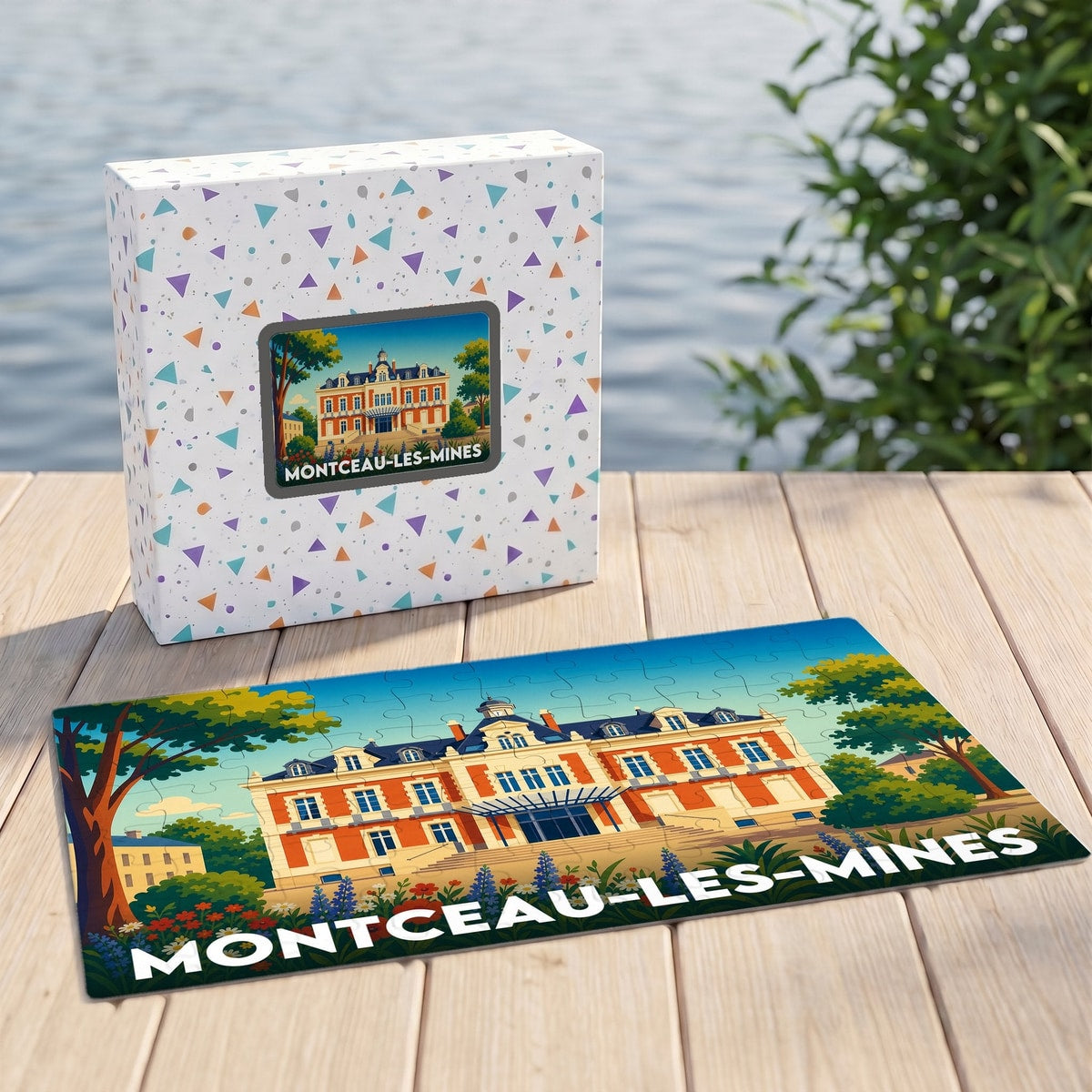 Puzzle souvenir de la ville de Montceau-les-Mines avec une illustration stylisée de son hôtel de ville.