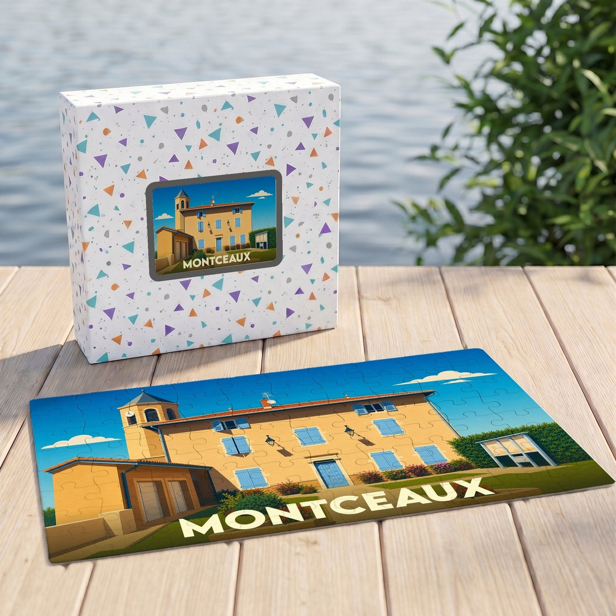 Puzzle souvenir de la ville de Montceaux avec une illustration stylisée.