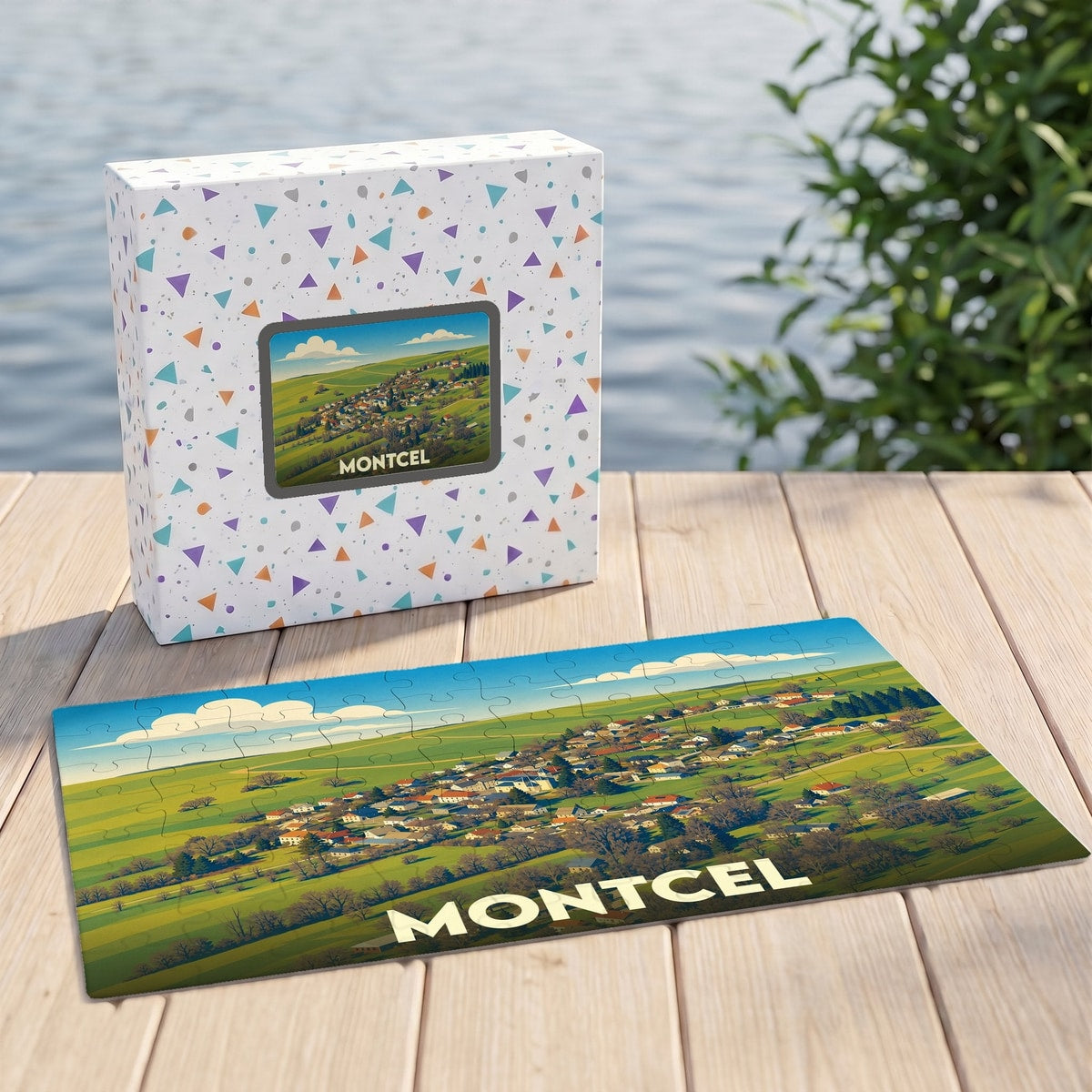 Puzzle souvenir de la ville de Montcel avec une illustration stylisée d'un paysage verdoyant.