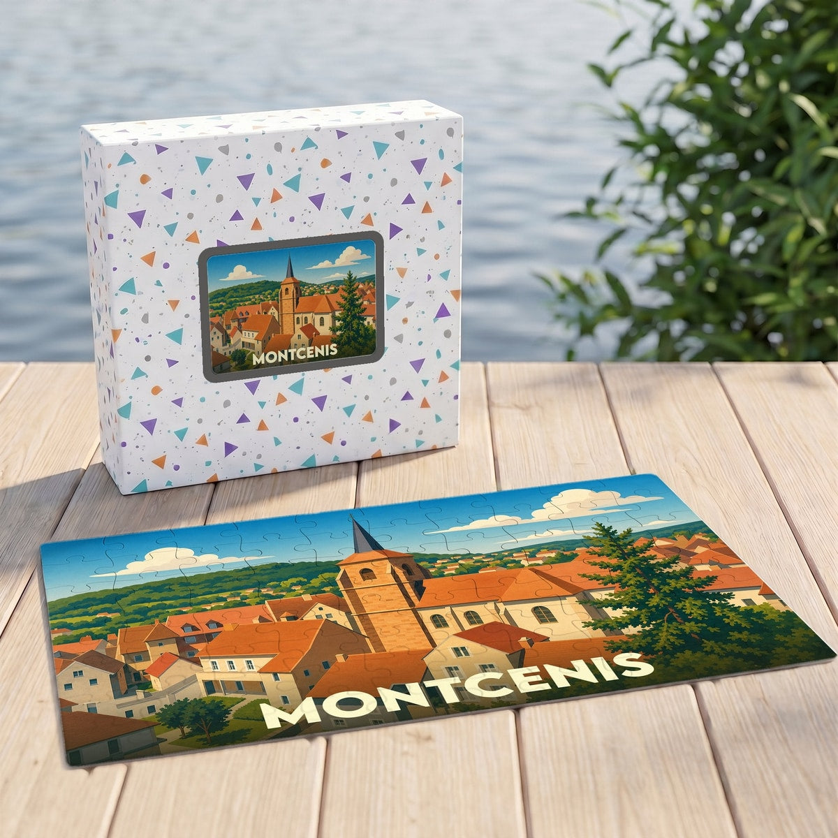 Puzzle souvenir de la ville de Montcenis représentant une vue panoramique illustrée de ses toits et de son église.