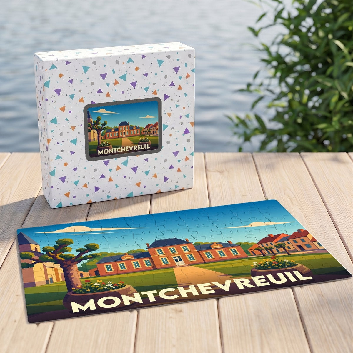 Puzzle souvenir de la commune de Montchevreuil avec une illustration stylisée.