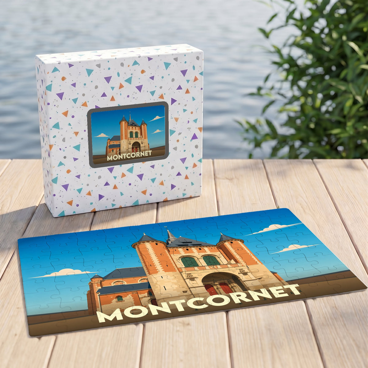 Puzzle souvenir de la ville de Montcornet avec une illustration stylisée de son église fortifiée.