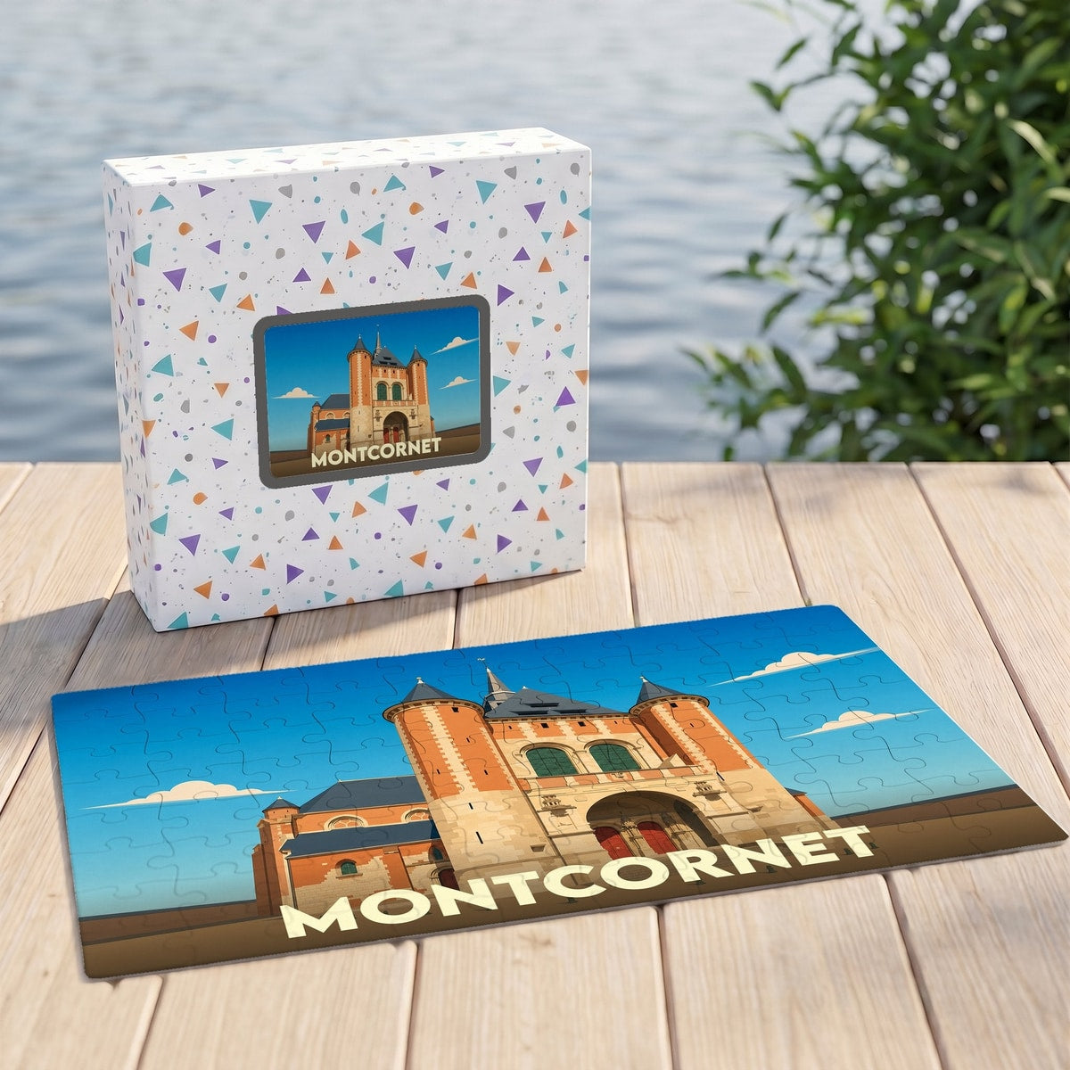 Puzzle souvenir de la ville de Montcornet avec une illustration stylisée de son église fortifiée.