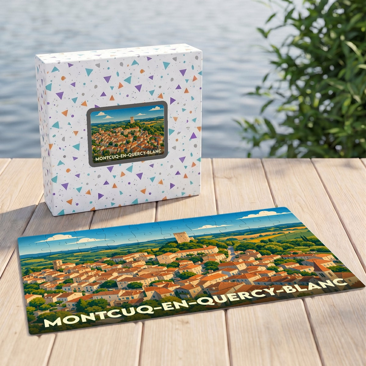 Puzzle souvenir de la ville de Montcuq-en-Quercy-Blanc avec une illustration stylisée de ses toits et de sa tour.
