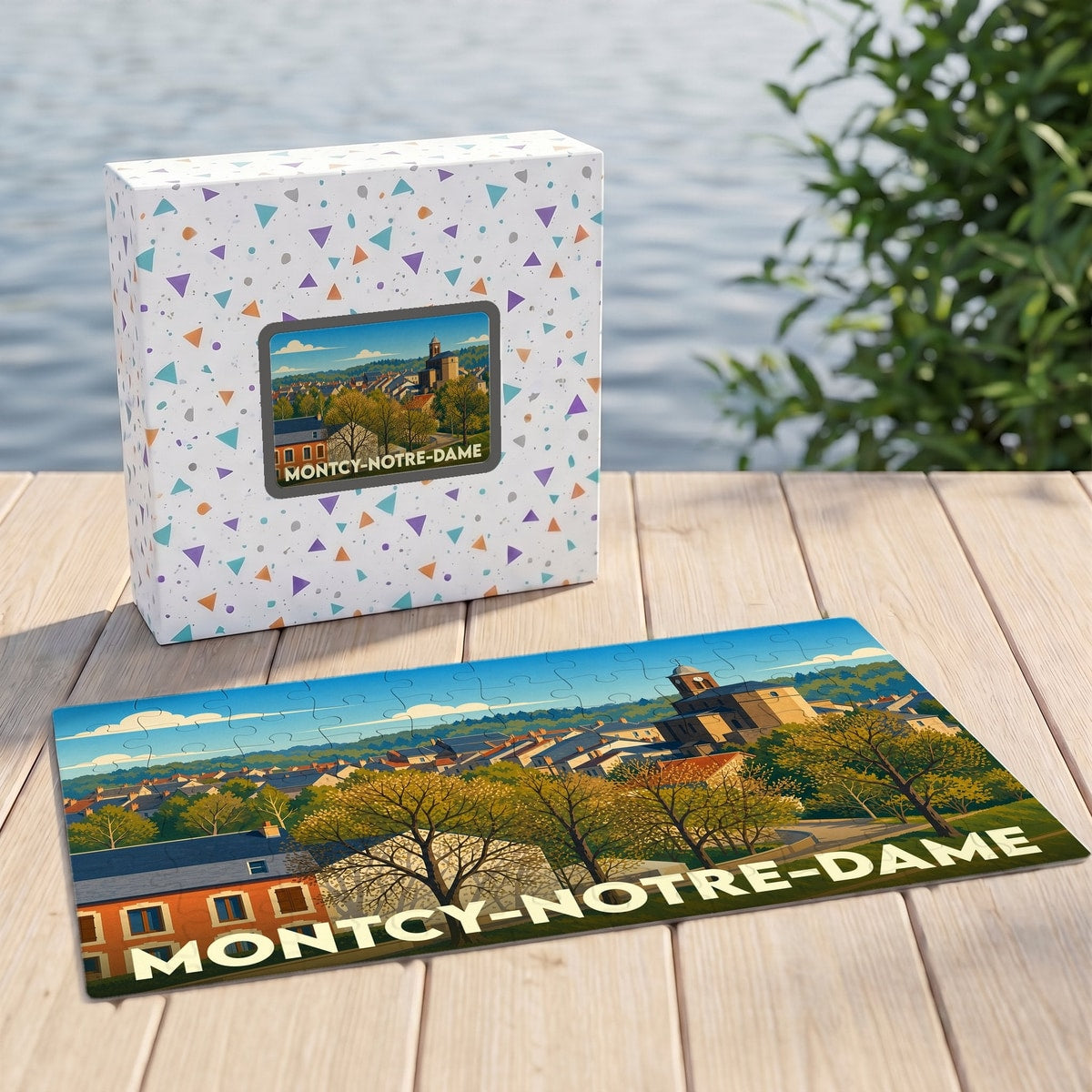 Puzzle souvenir de la ville de Montcy-Notre-Dame avec une illustration stylisée et colorée.