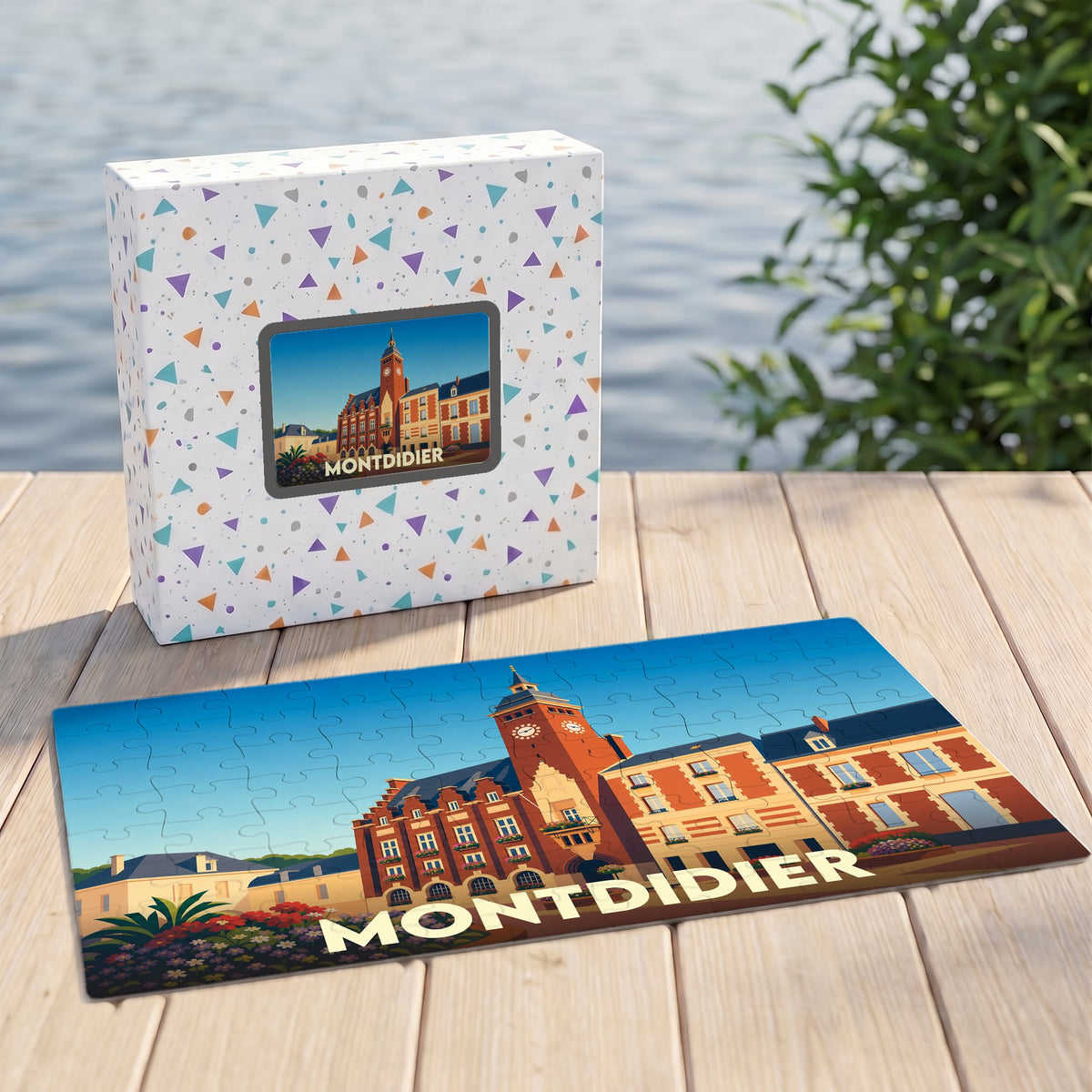 Puzzle souvenir de la ville de Montdidier avec une illustration stylisée de son hôtel de ville et de sa boîte assortie.
