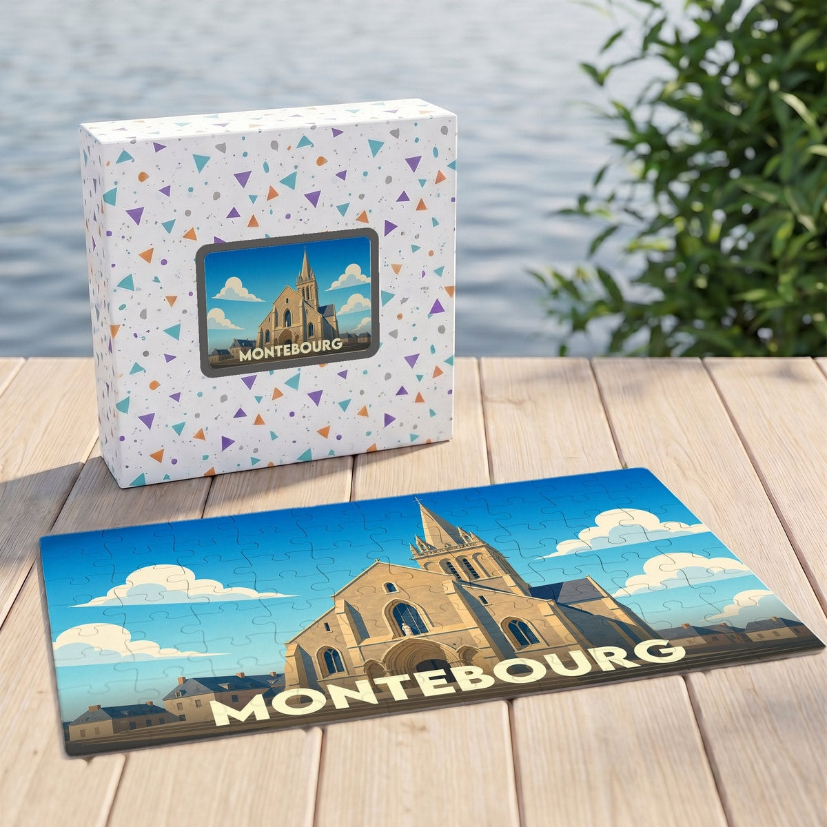 Puzzle souvenir de la ville de Montebourg avec une illustration stylisée de son église.