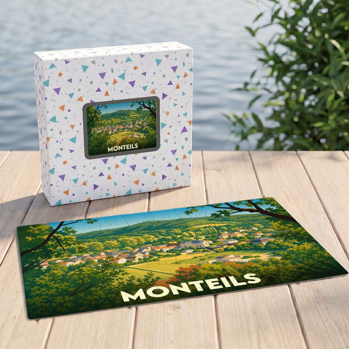 Puzzle souvenir de la ville de Monteils avec une illustration paysagère colorée et stylisée.