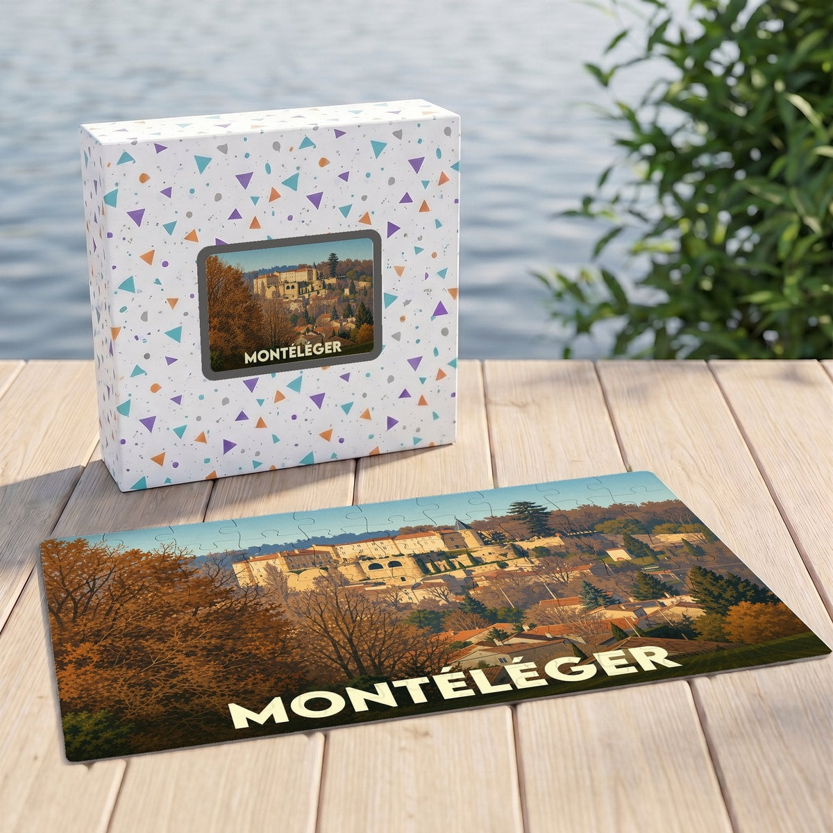 Puzzle souvenir de la ville de Montéléger avec une illustration stylisée d'un château en automne.