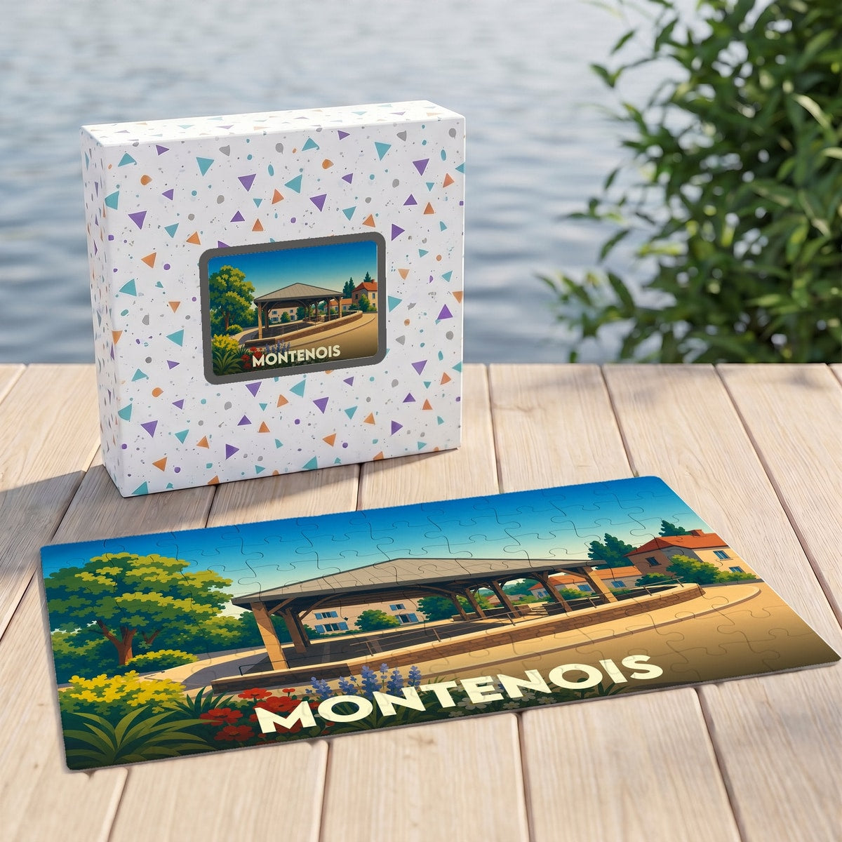Puzzle souvenir de la ville de Montenois avec une illustration stylisée d'un marché couvert.