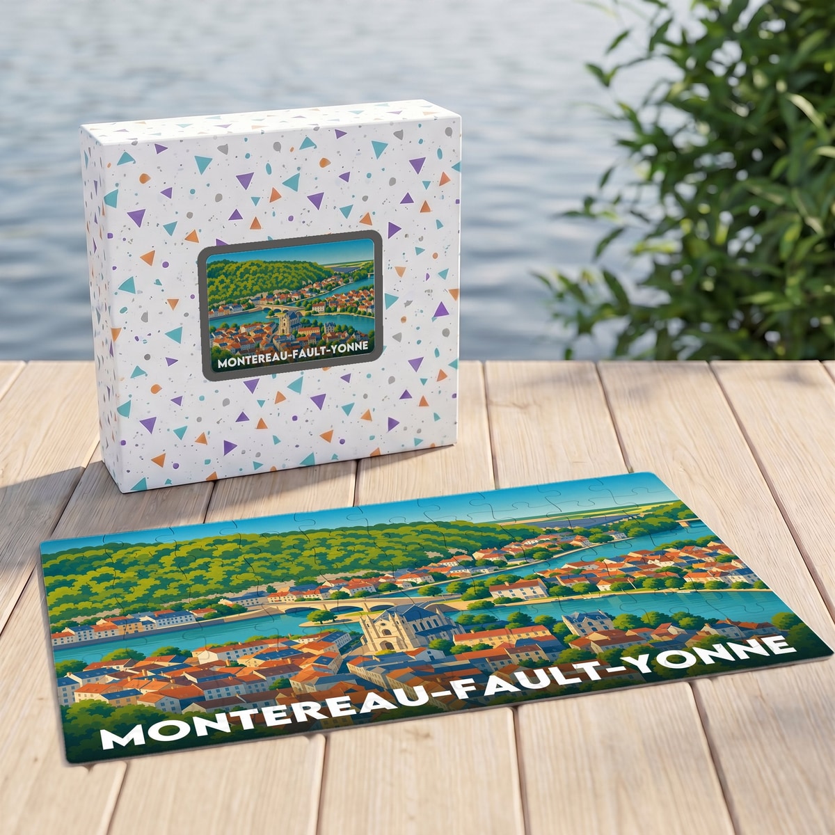 Puzzle souvenir de la ville de Montereau-Fault-Yonne avec une illustration paysagère colorée.