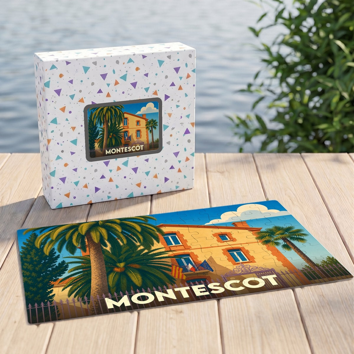 Puzzle souvenir de la ville de Montescot représentant une illustration stylisée de sa mairie sous les palmiers.