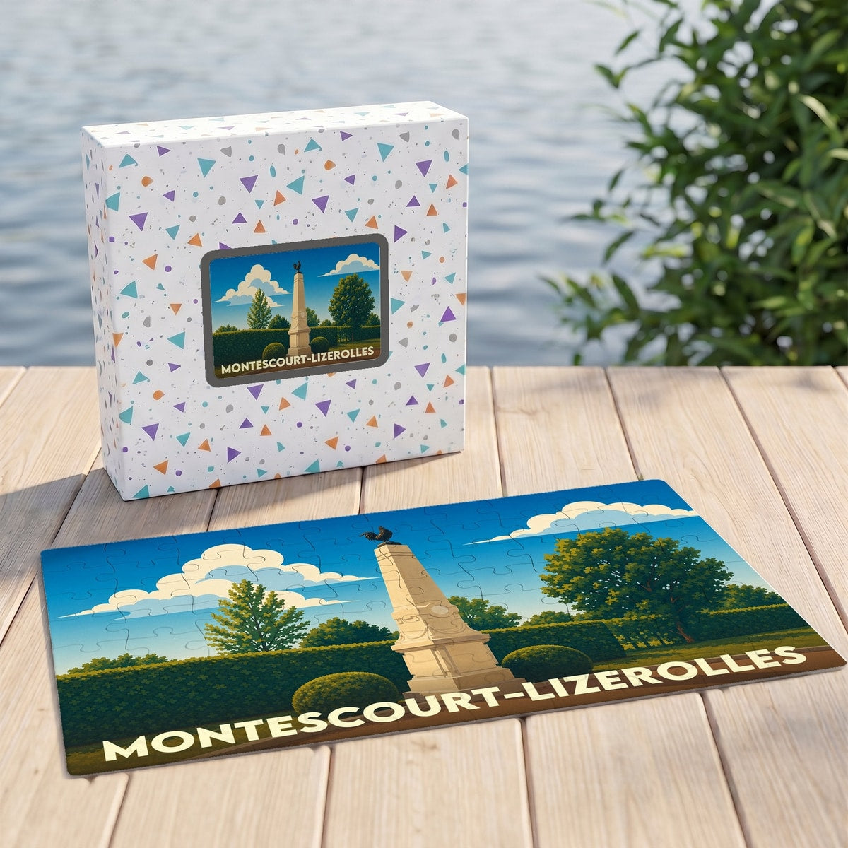 Puzzle souvenir de la ville de Montescourt-Lizerolles avec une illustration stylisée d'un monument local.