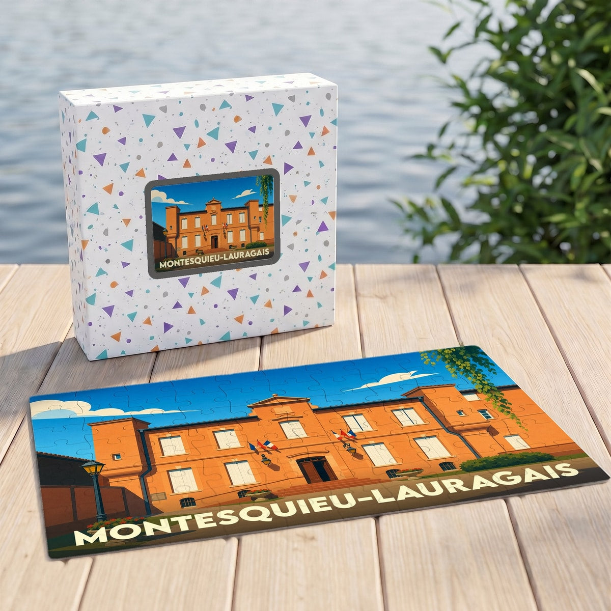 Puzzle et sa boîte souvenir de Montesquieu-Lauragais avec une illustration stylisée de son hôtel de ville.