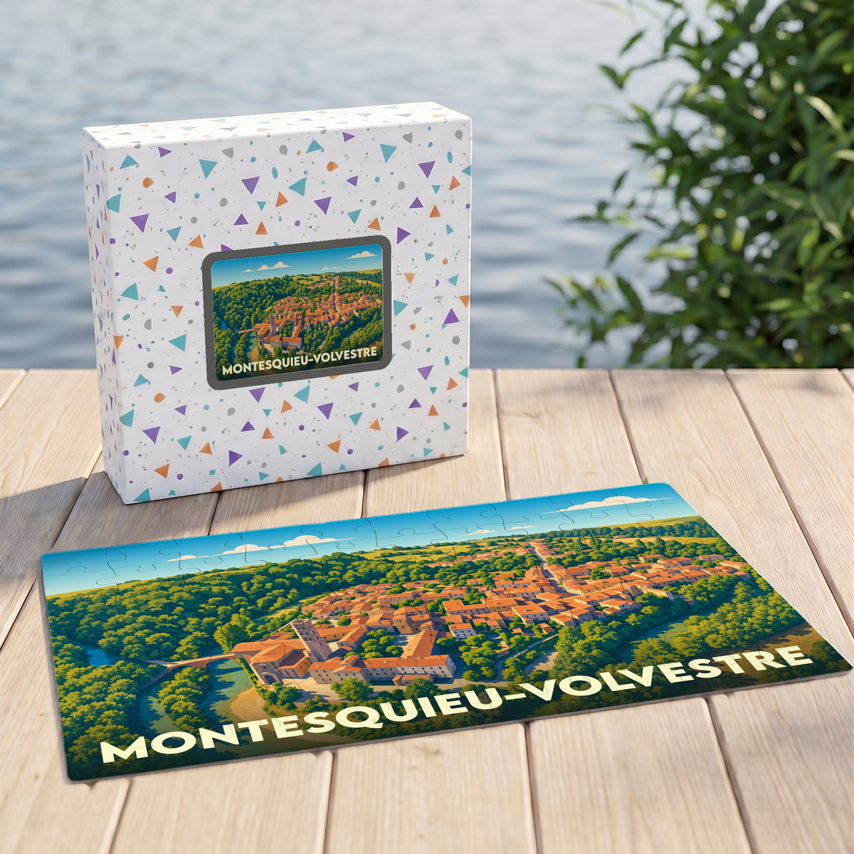 Puzzle souvenir de la ville de Montesquieu-Volvestre avec une illustration stylisée et colorée.