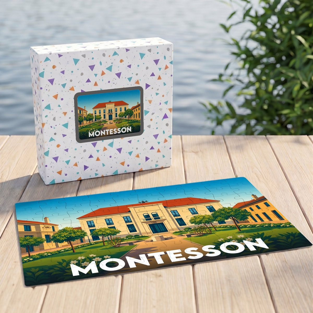 Puzzle souvenir de la ville de Montesson avec une illustration stylisée de son hôtel de ville.
