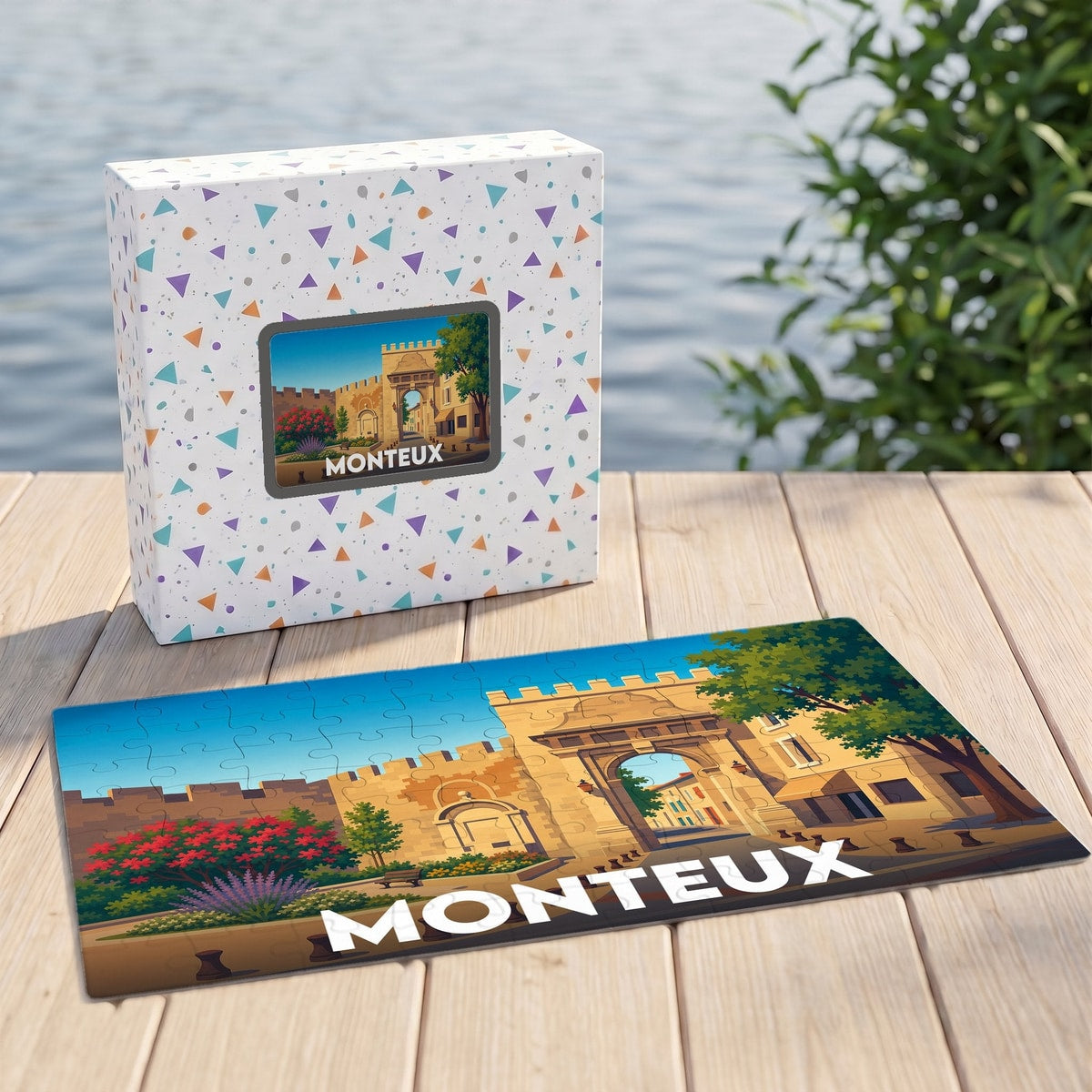 Puzzle souvenir de la ville de Monteux avec une illustration stylisée de ses remparts historiques.