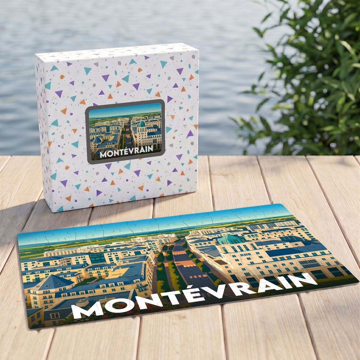 Puzzle souvenir de la ville de Montévrain avec une illustration urbaine colorée.