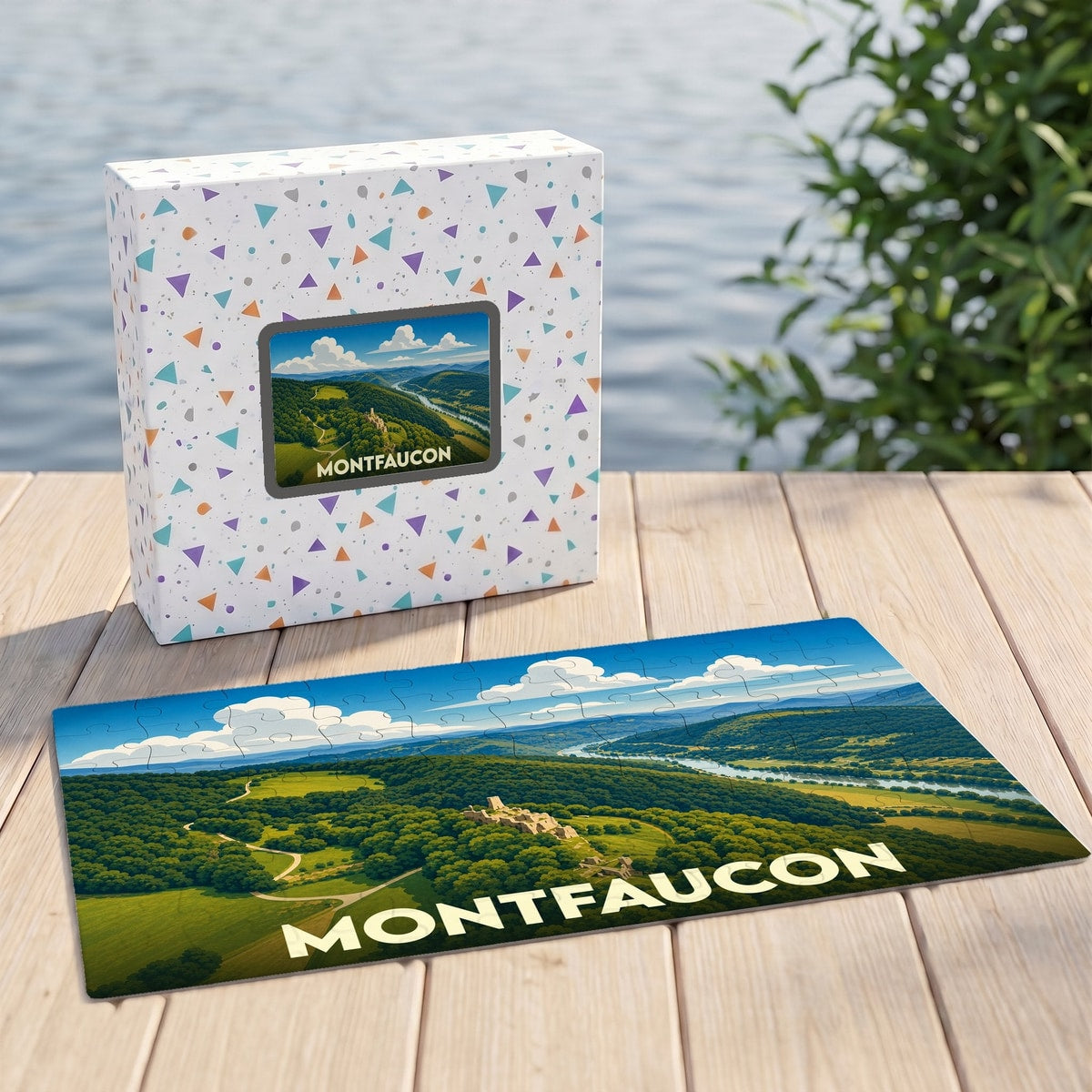 Puzzle souvenir de la ville de Montfaucon avec une illustration panoramique d'un paysage verdoyant.