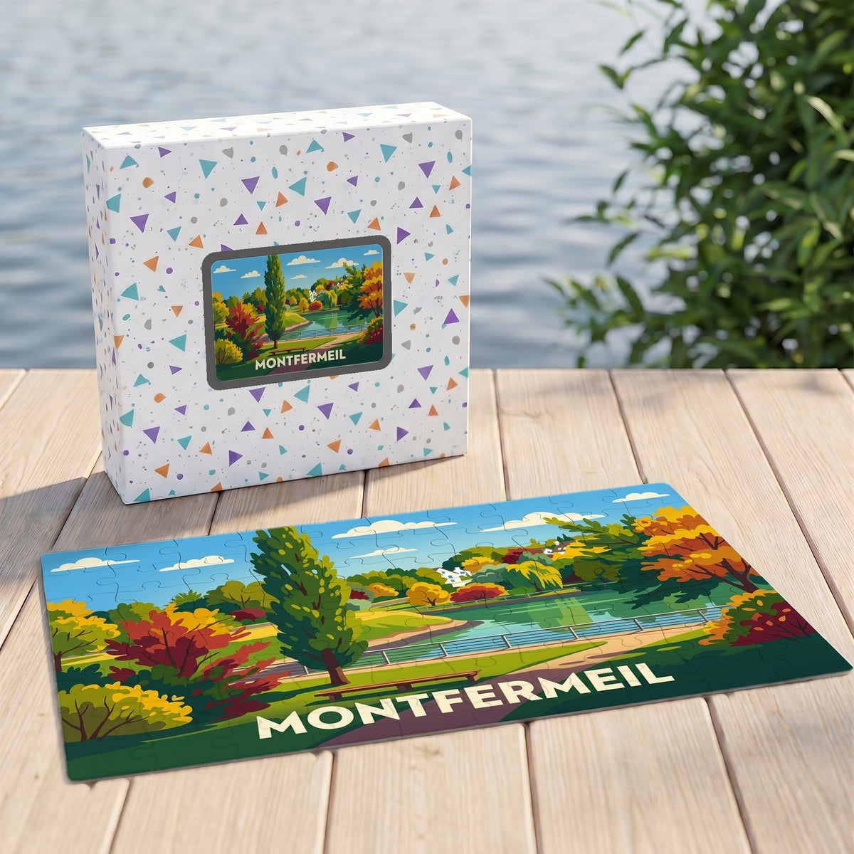 Puzzle souvenir de la ville de Montfermeil illustrant un parc arboré en bord de l'eau.