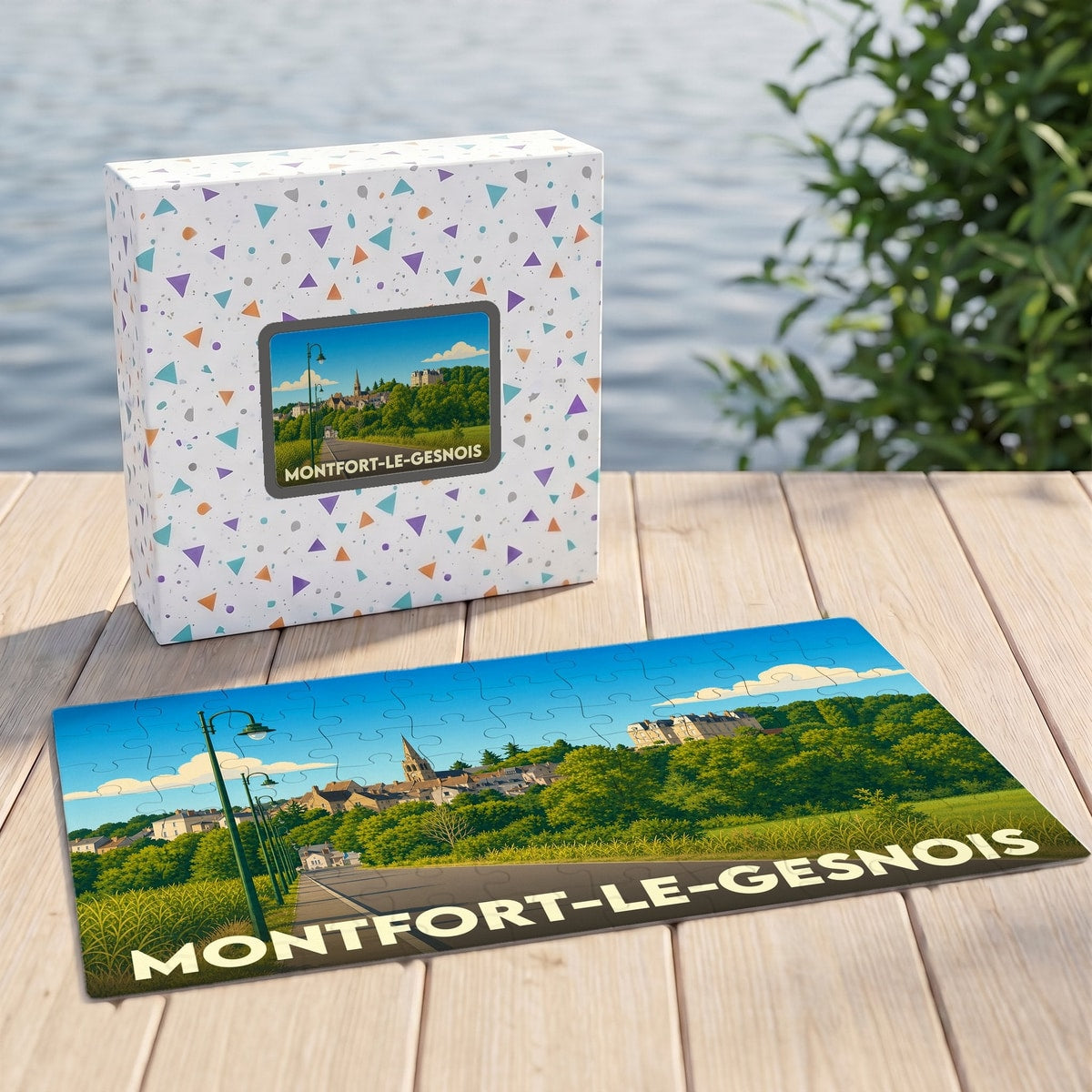 Puzzle souvenir de la ville de Montfort-le-Gesnois avec son emballage et une illustration paysagère stylisée.