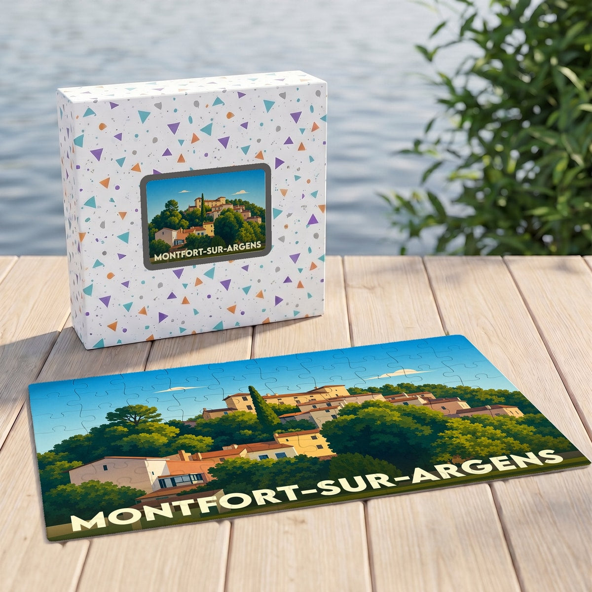 Puzzle souvenir de la ville de Montfort-sur-Argens avec une illustration stylisée et colorée.