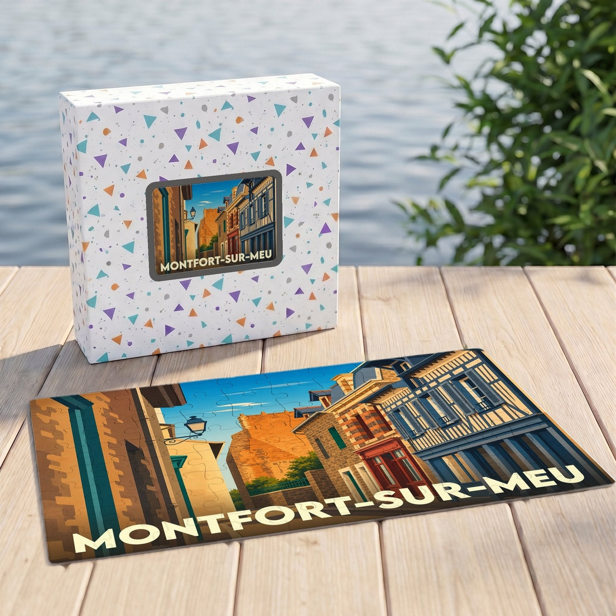 Puzzle souvenir de la ville de Montfort-sur-Meu avec une illustration stylisée de ses rues historiques.