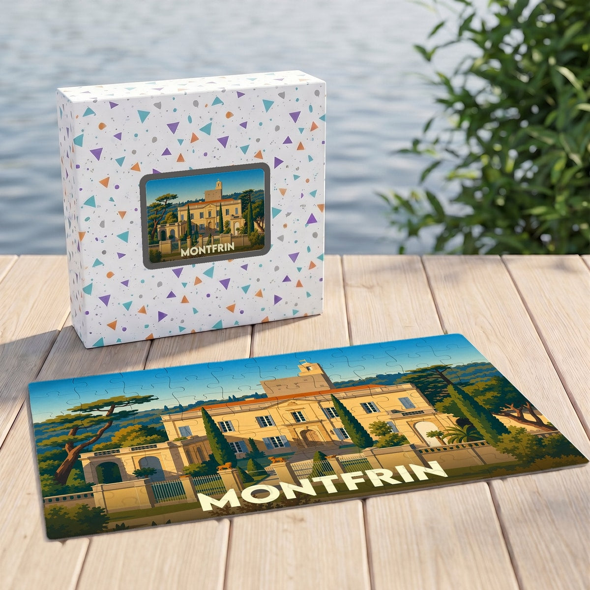 Puzzle souvenir de la ville de Montfrin avec une illustration stylisée de son château présentée sur sa boîte et en version assemblée.