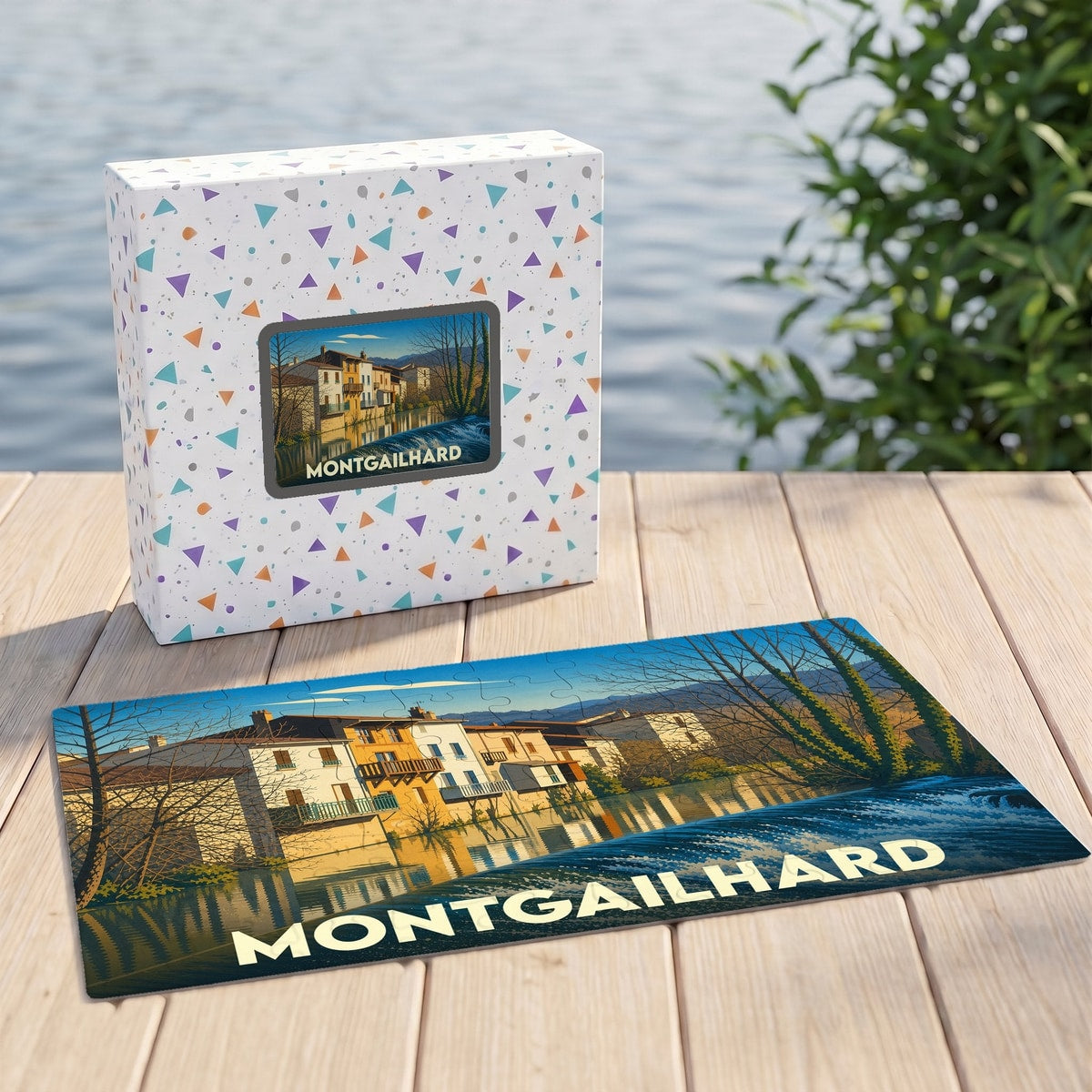 Puzzle souvenir de la ville de Montgailhard avec une illustration stylisée d'un paysage urbain au bord de l'eau.